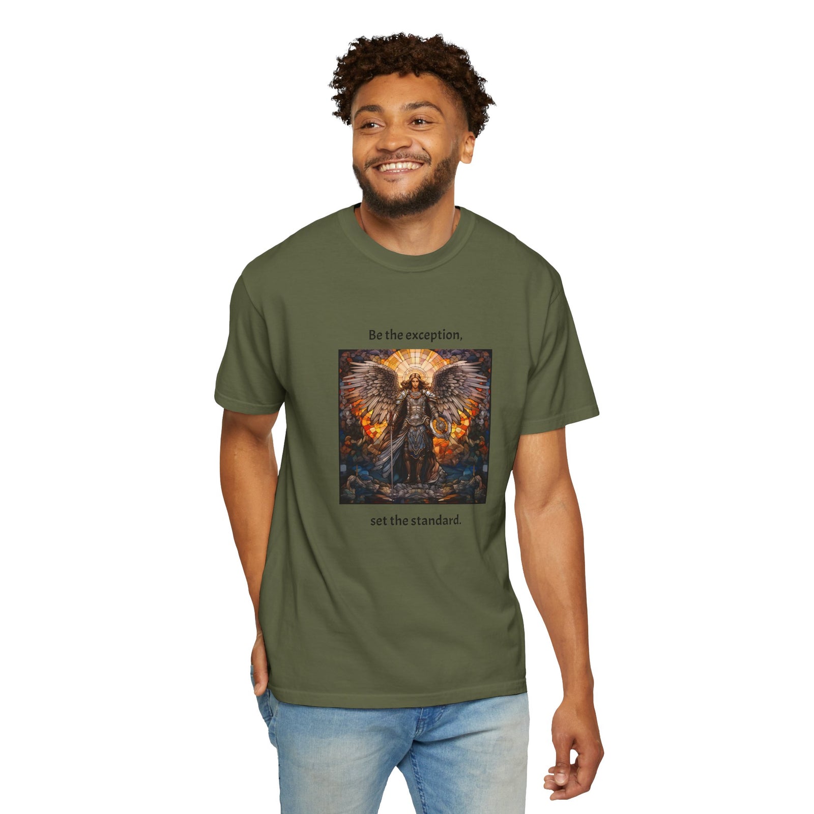 Unisex Garment-Dyed T-shirt depicting the phrase, " Be the exception, set the standard".