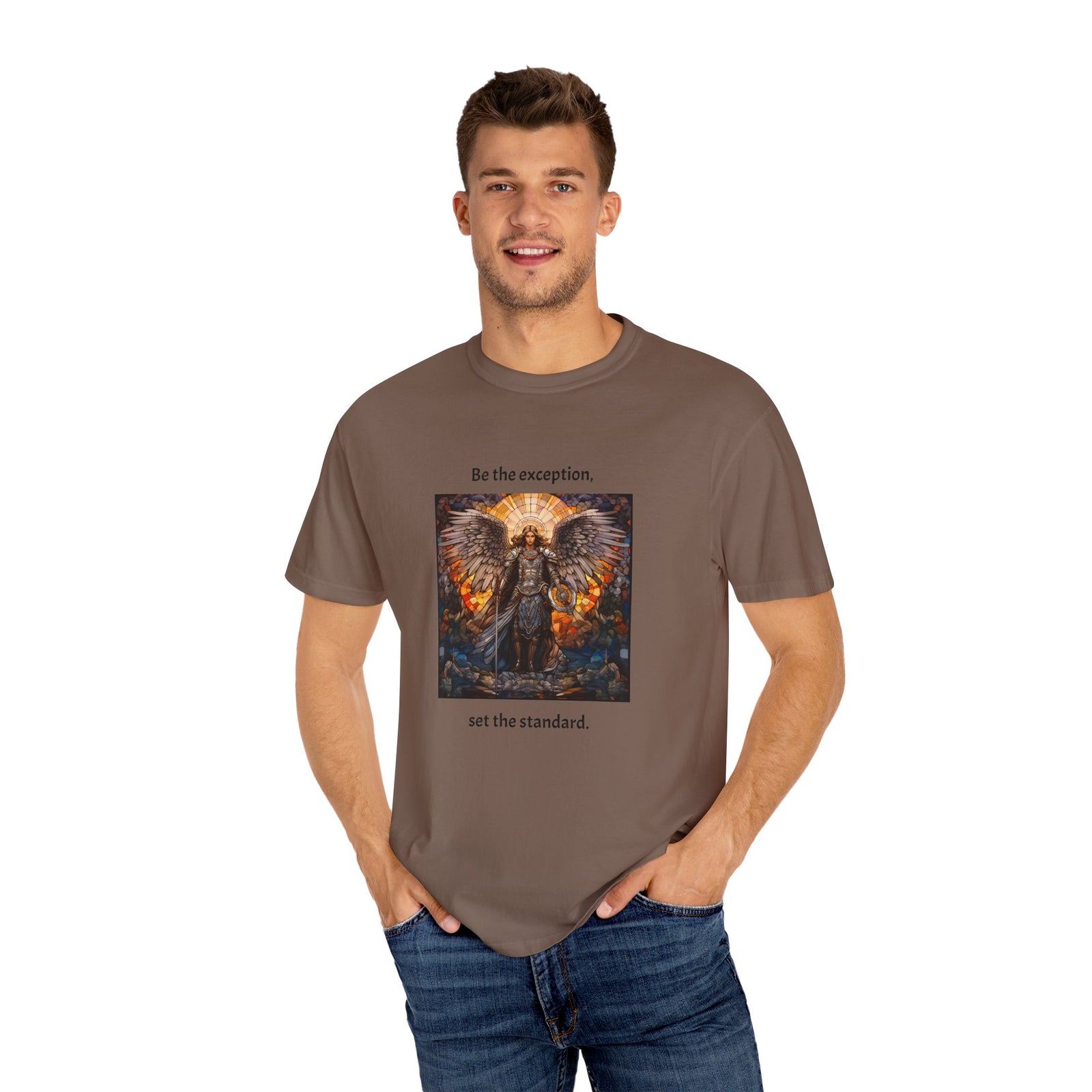 Unisex Garment-Dyed T-shirt depicting the phrase, " Be the exception, set the standard".