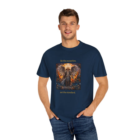Unisex Garment-Dyed T-shirt depicting the phrase, " Be the exception, set the standard".