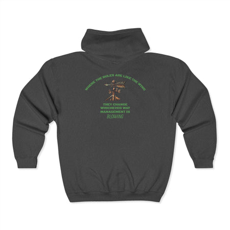 Zip front hoodie with workplace humor. Management changes the rules like the wind