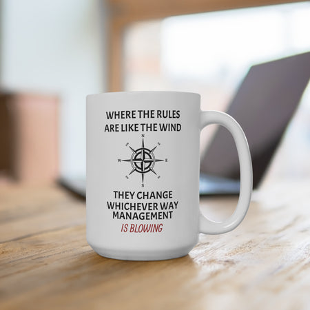 Mug with humor regarding the way management changes the rules like the wind.