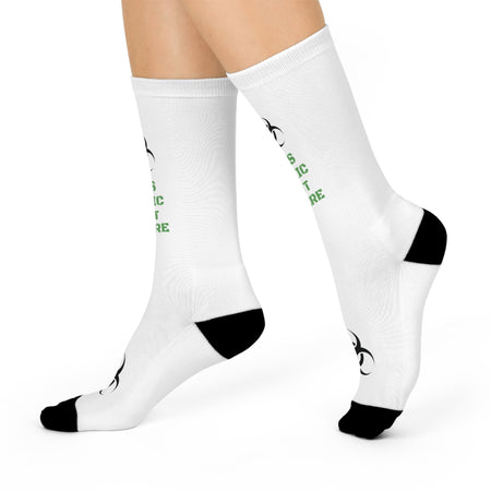 unisex cushioned crew socks. Funny message that reads " It's toxic out there."