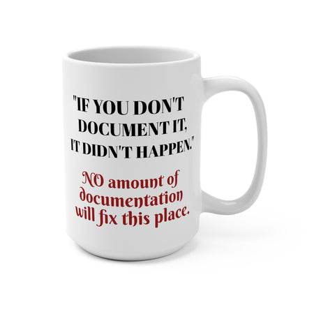 Mug 15oz Depicting a funny message about the need for documentation but that it really doesn't matter anyway