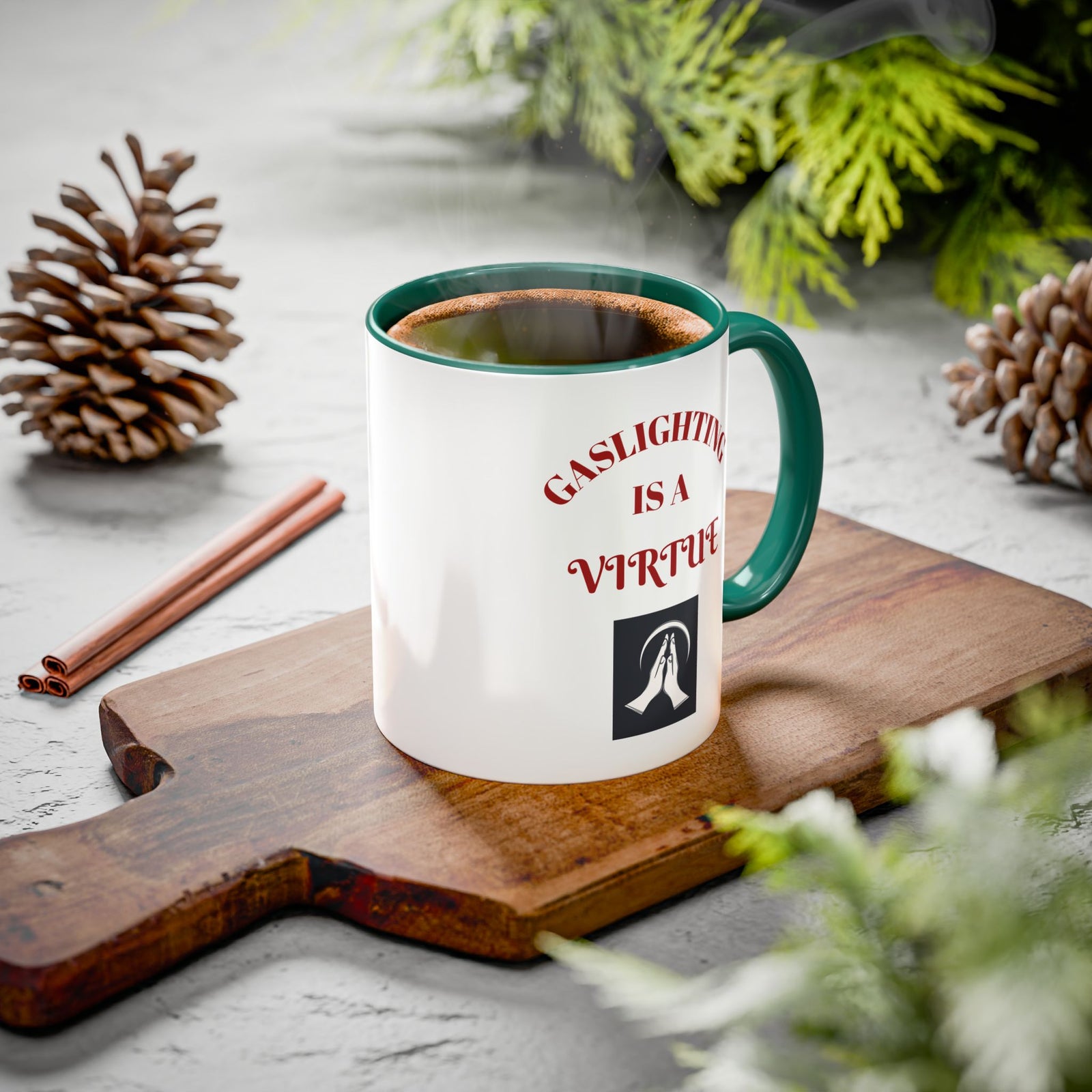 Workplace Humor Colorful Mug with the message that reads "gaslighting is a virtue."