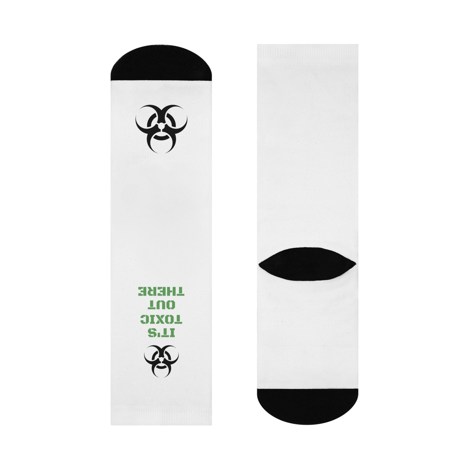 unisex cushioned crew socks. Funny message that reads " It's toxic out there."