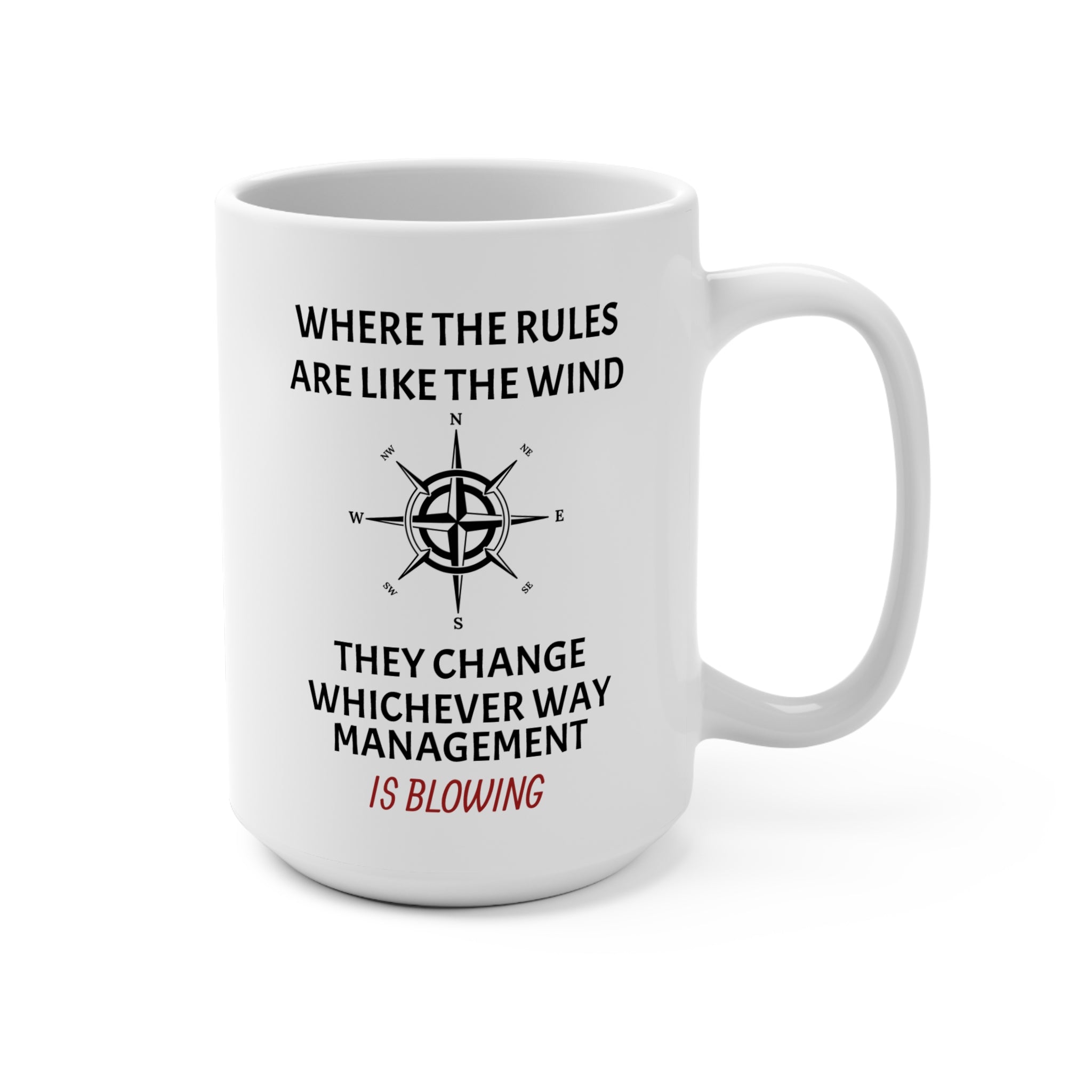 Mug with humor regarding the way management changes the rules like the wind.