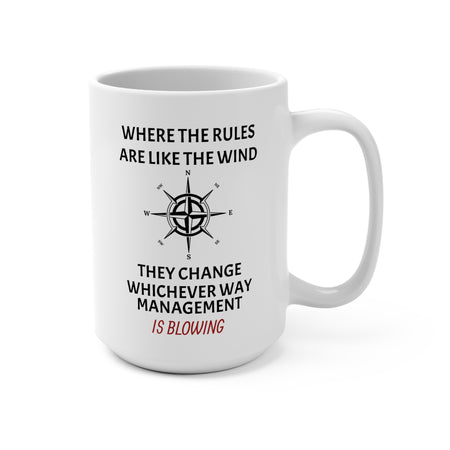Mug with humor regarding the way management changes the rules like the wind.