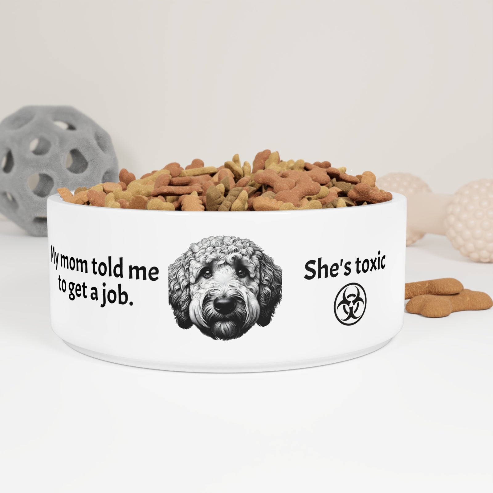 Funny Dog Bowl. Labradoodle told to get a job.
