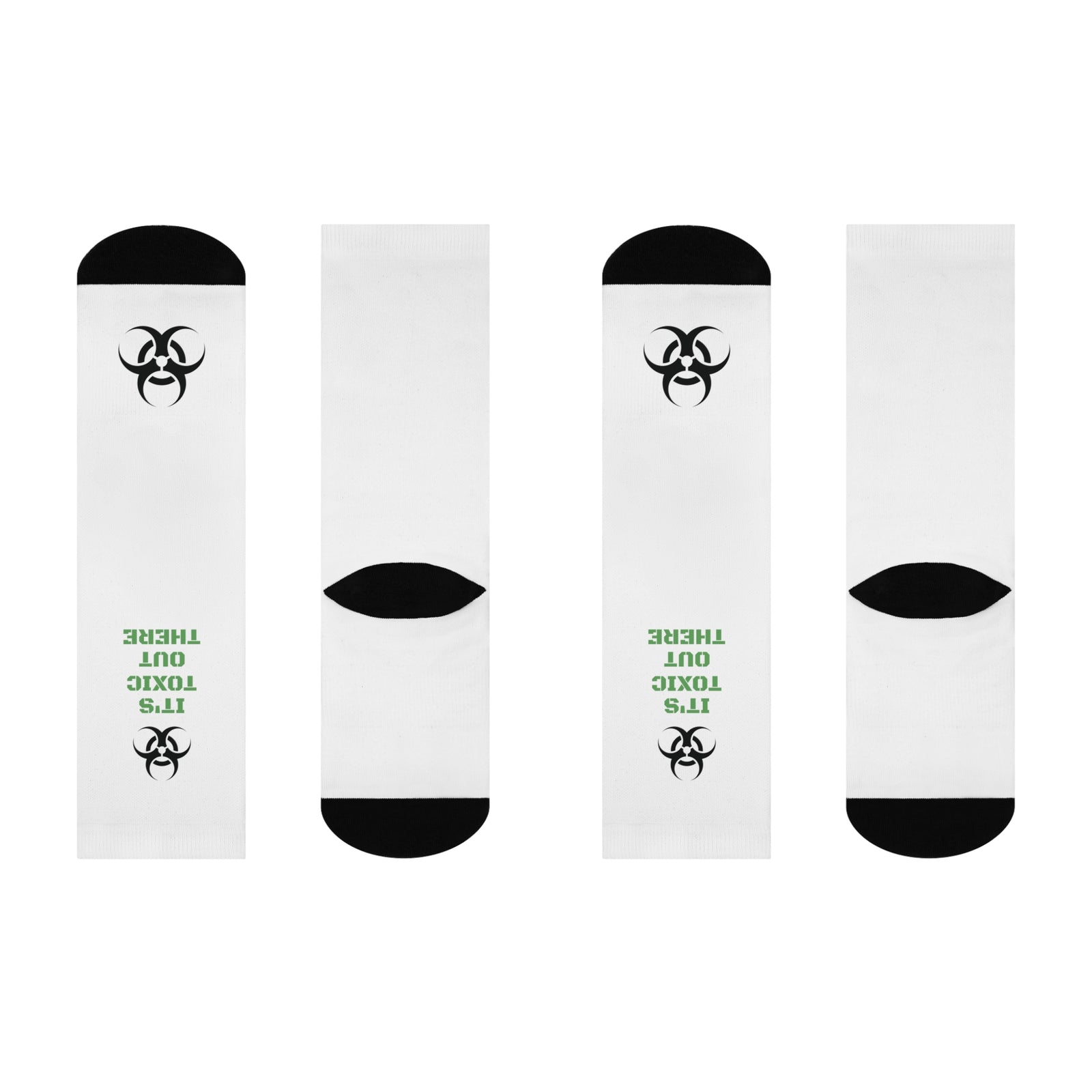 unisex cushioned crew socks. Funny message that reads " It's toxic out there."