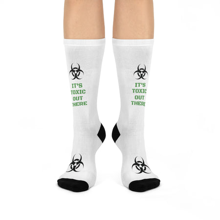 unisex cushioned crew socks. Funny message that reads " It's toxic out there."